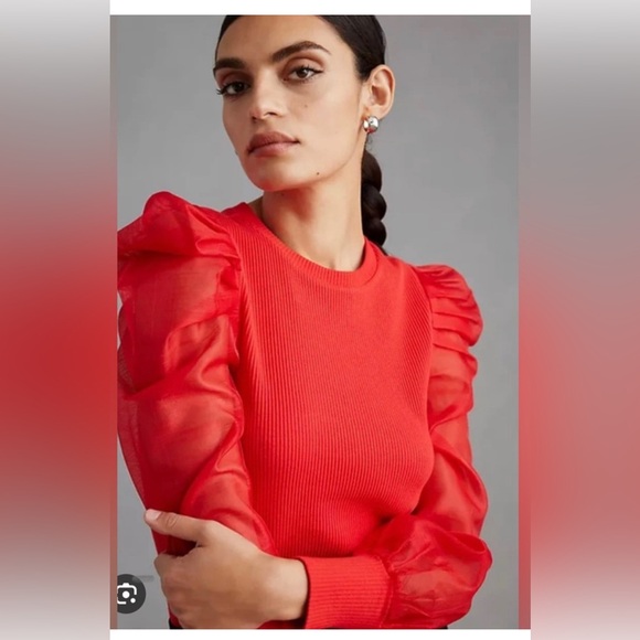 Anthropologie Dolan Left Coast Puff Sleeve Top Ribbed Red , size S - Picture 7 of 8